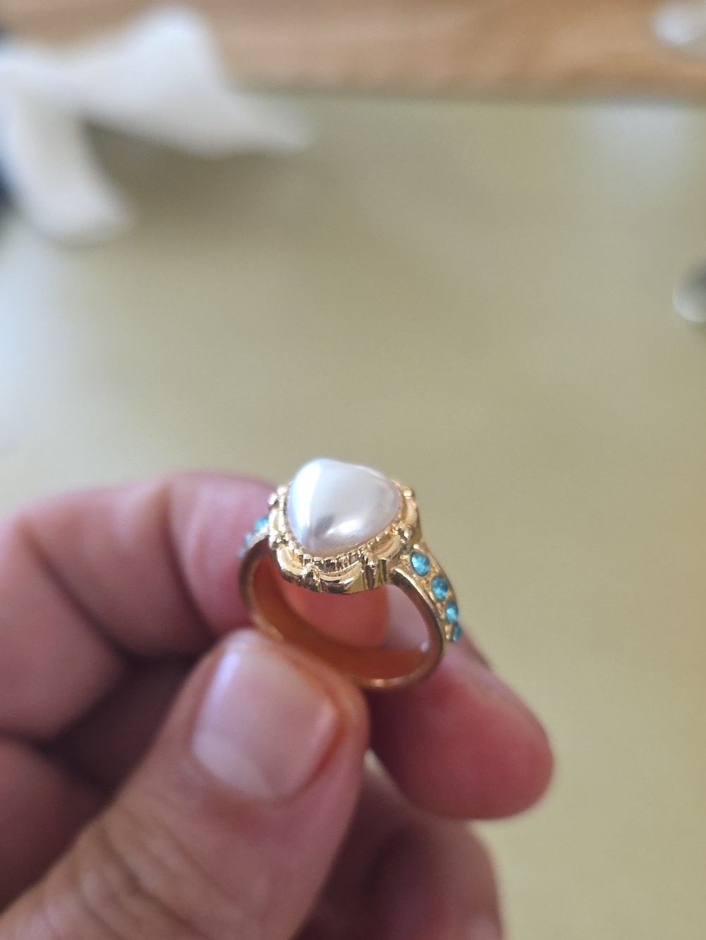 Gold White Pearl Teardrop Ring with Blue Accent  Stones